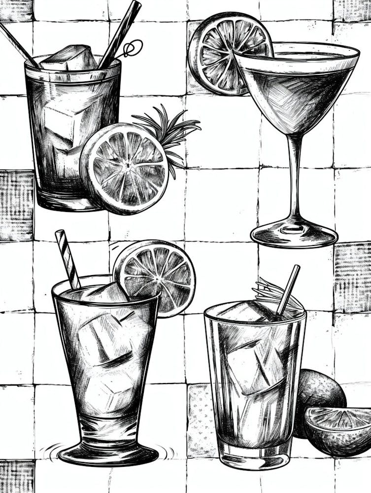 Black & White Sketch Of Cocktails Tile