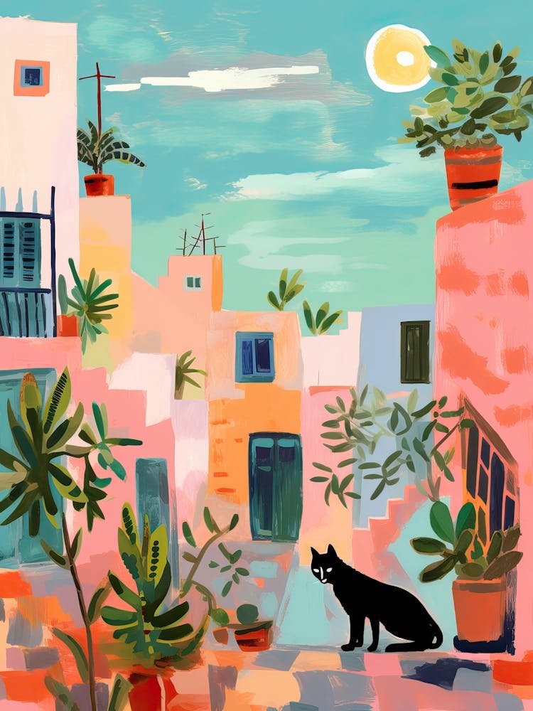 Morocco Street With Black Cat Travel Housewarming Painting