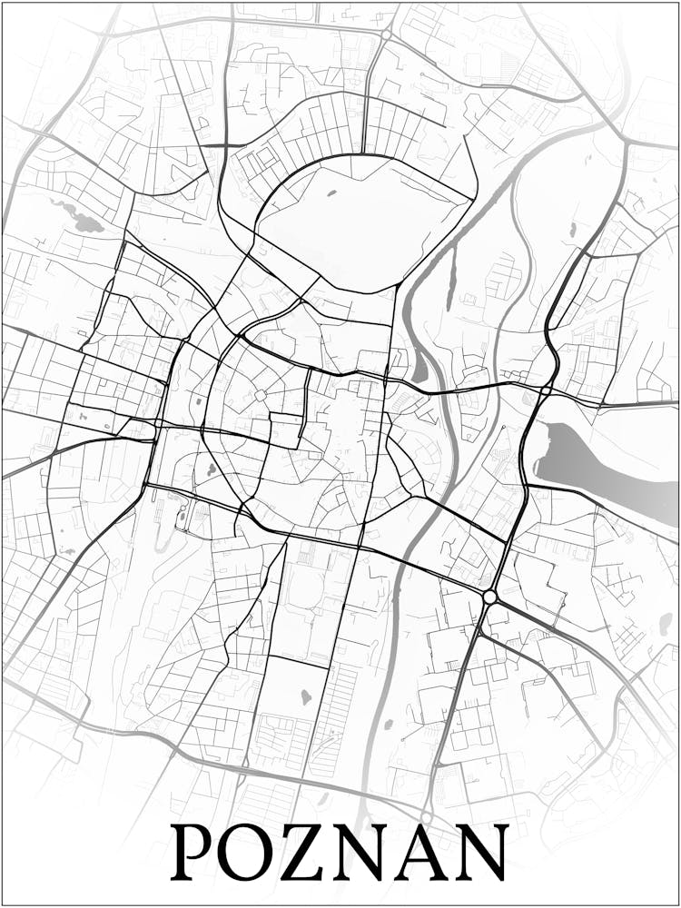 Poznań, Poland, City Map, Black And White Fade Design