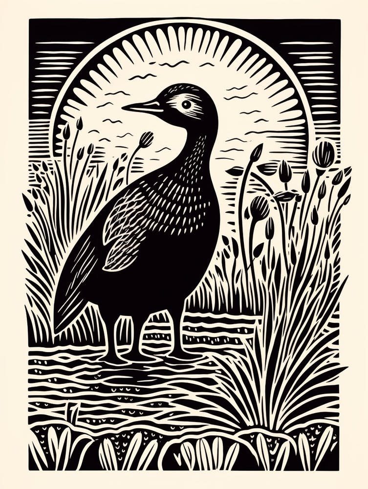 B&W Bird Linocut Coot 2