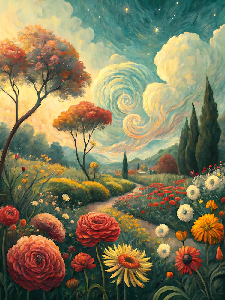 Whimsical Flower Garden oil Painting Vibrant Landscape with Swirling Sky and Lush Flora