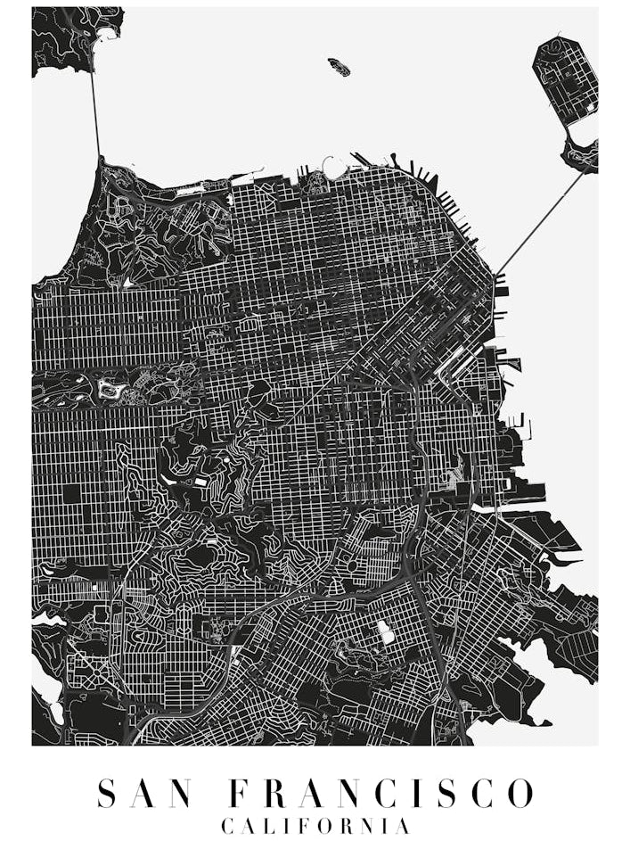 San Francisco California Minimal Black Mono Street Map 