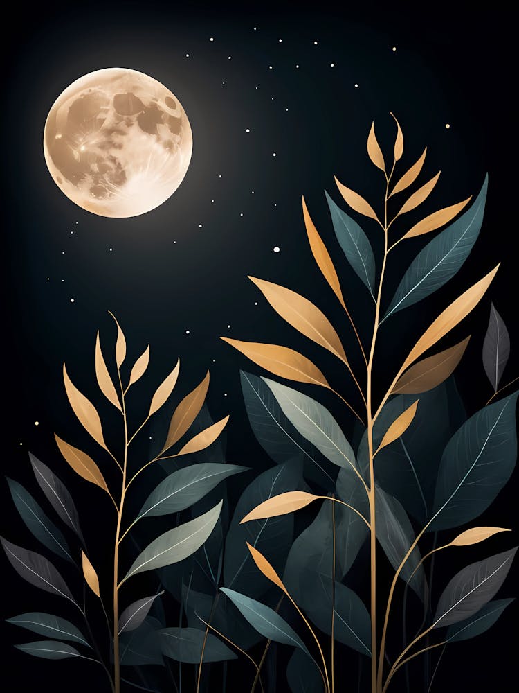 Night Sky With Moon And Leaves