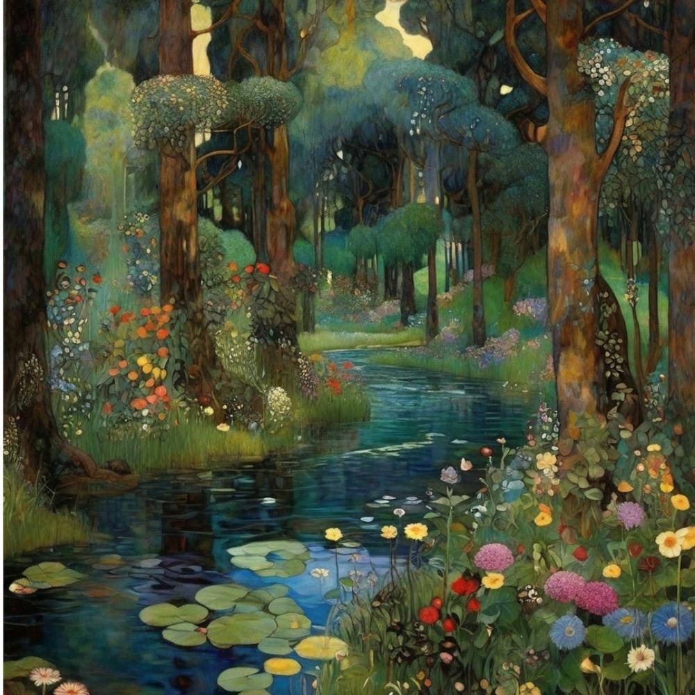 Gustav Klimt Style, a very beautiful forest in spring day