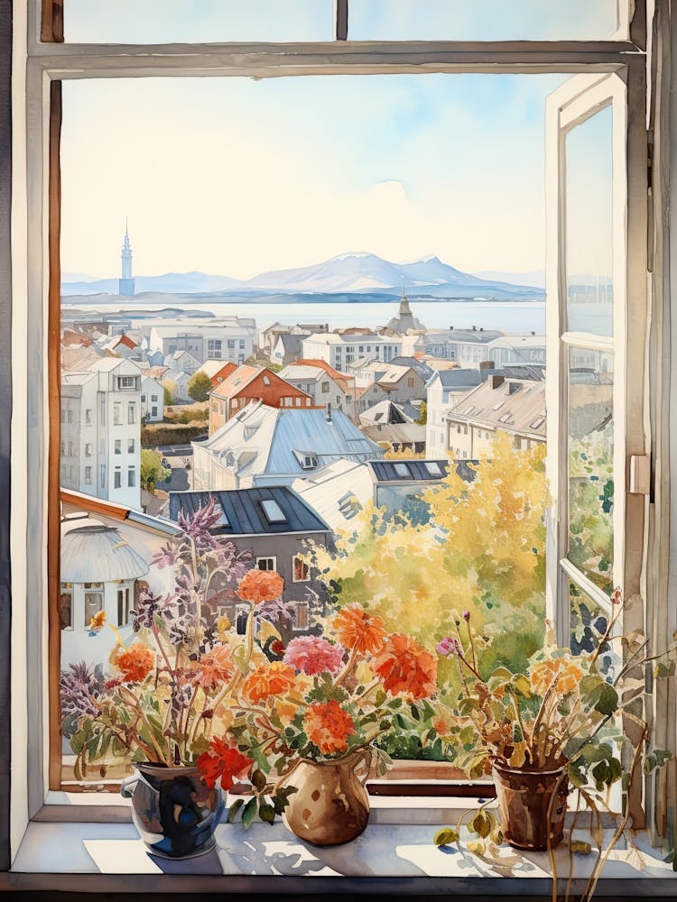 Window View Of Reykjavik Iceland In Autumn Fall, Watercolour 4