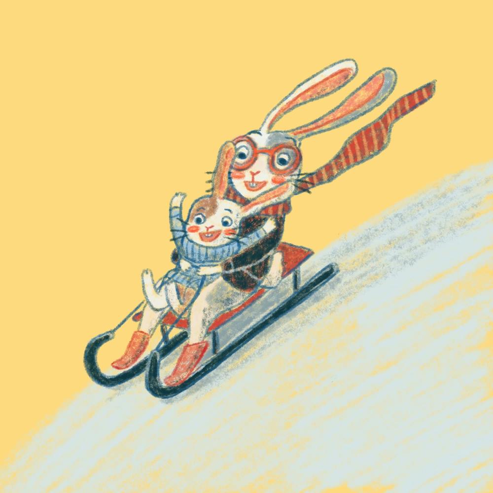 Rabbits On A Sled Winter Fun