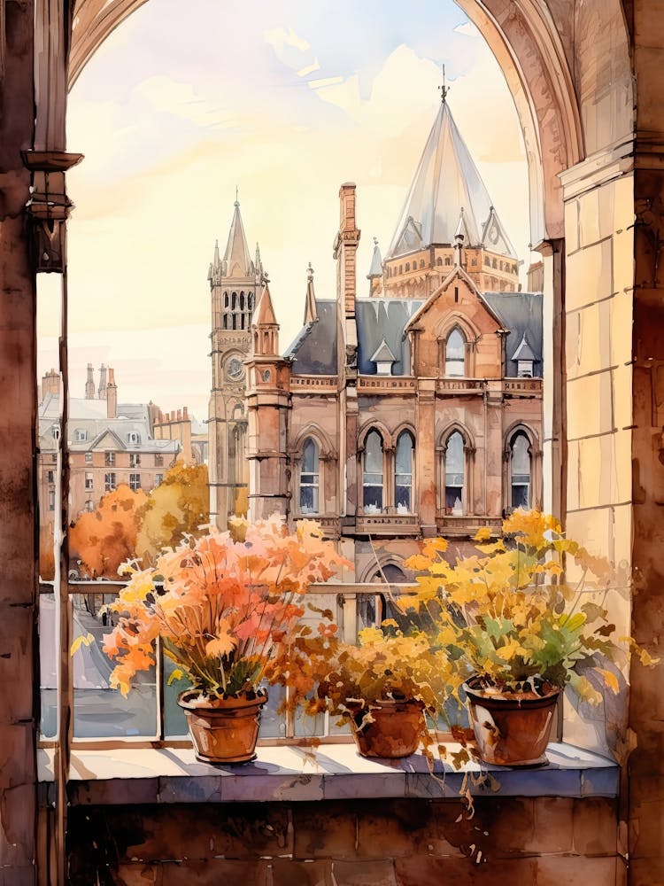 Window View Of Dublin Ireland In Autumn Fall, Watercolour 3
