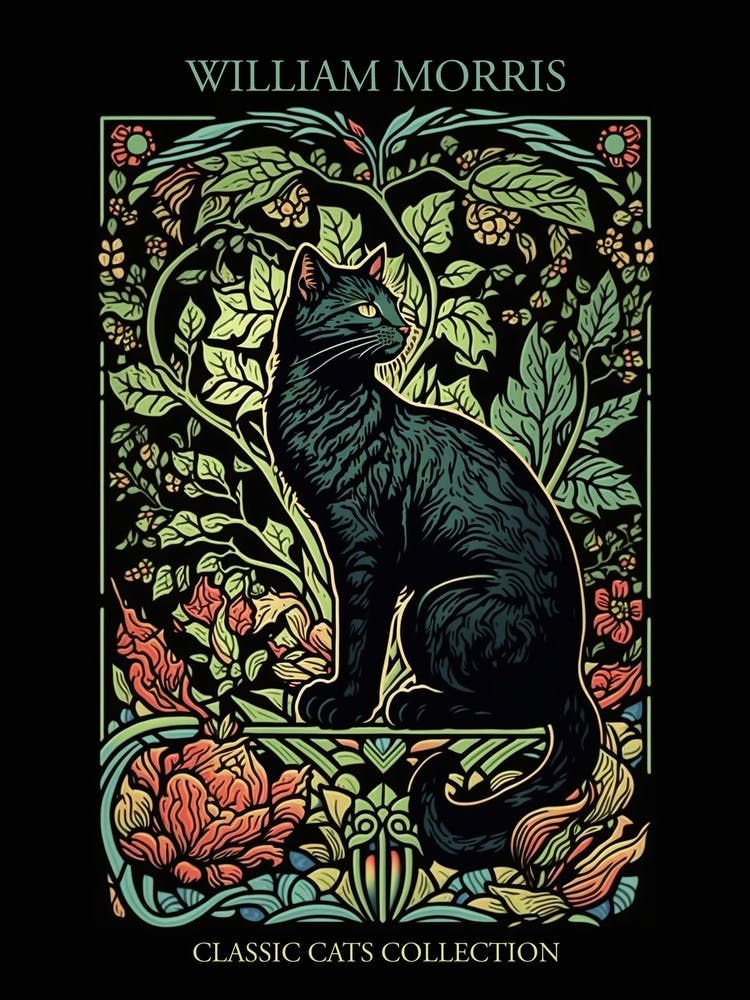 William Morris Cats  Inspired Collection Black Background Stained Glass