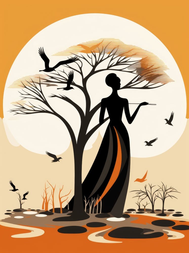 African Woman With Birds And Tree