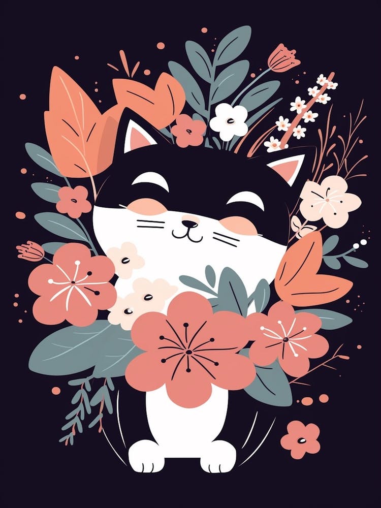 Flower Bouquet With A Cat Kawaii Illustration 1