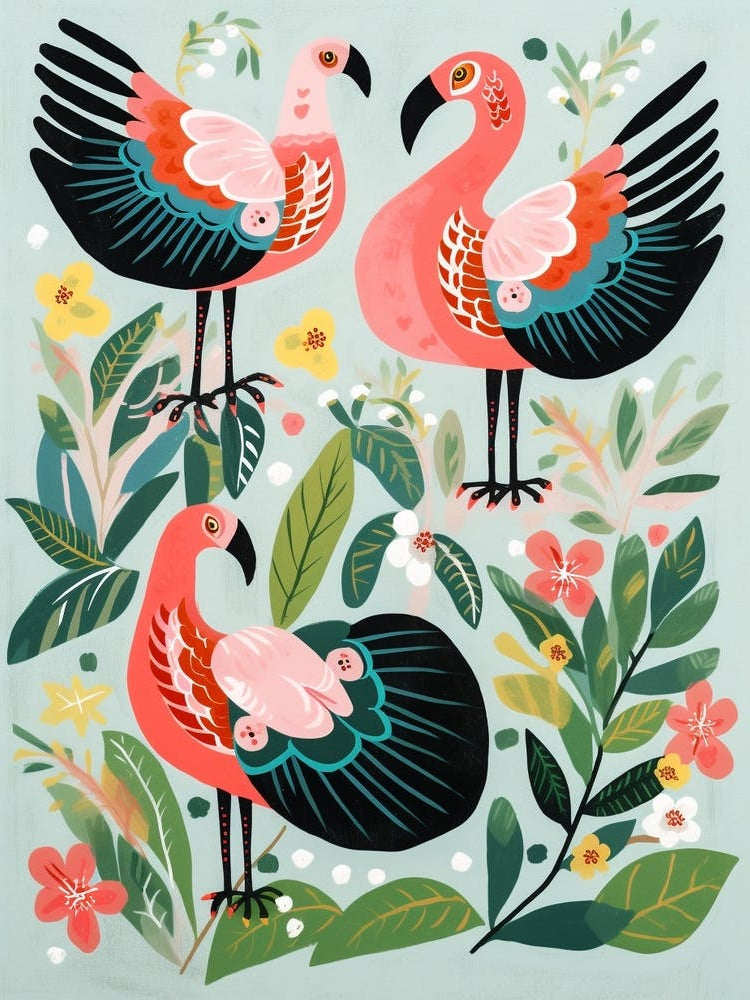 Folk Style Bird Painting Flamingo 2