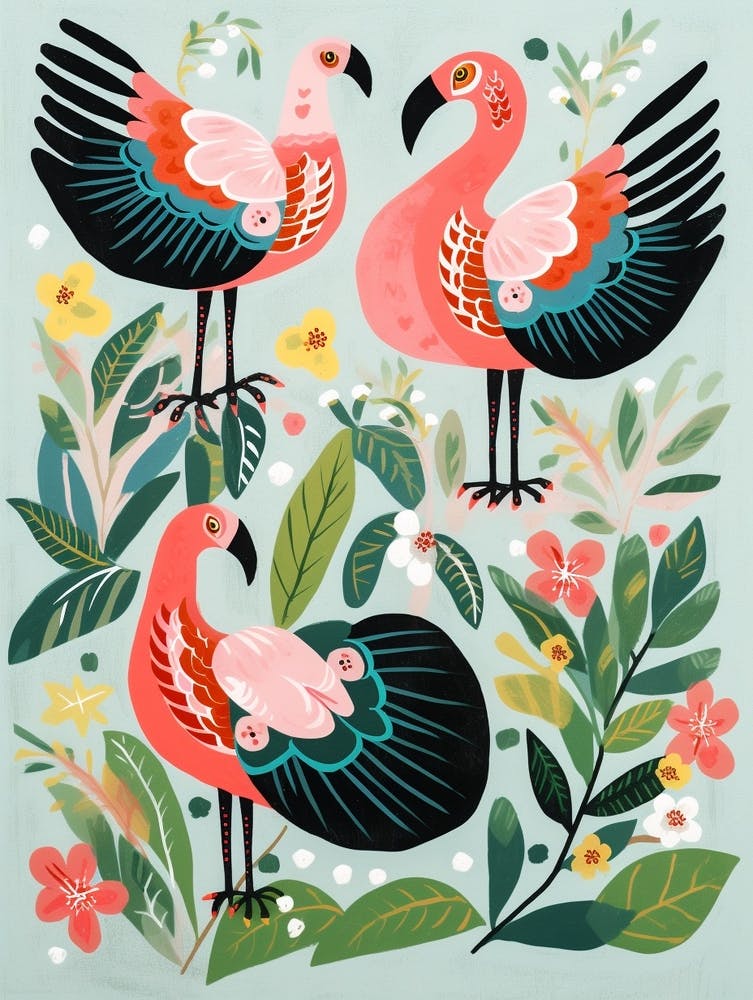 Folk Style Bird Painting Flamingo 2