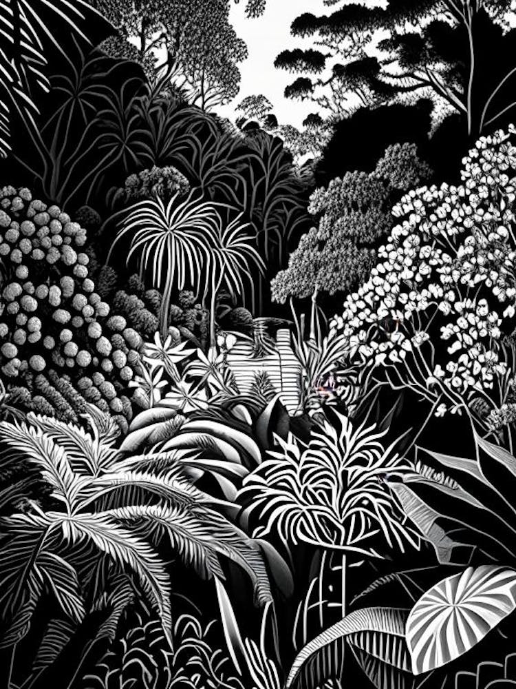 Adelaide Botanic Garden, 2, Australia Linocut Black And White Vintage