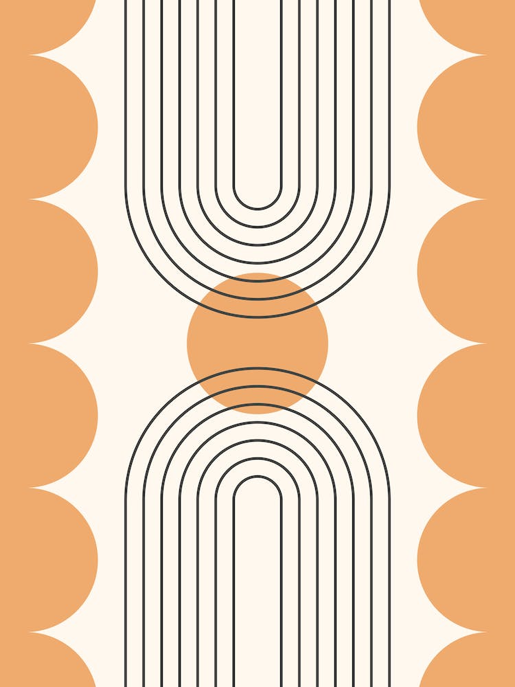 Mid Century Modern Geometric Abstract Rainbow, Sun, Moon in Black and Gold 1