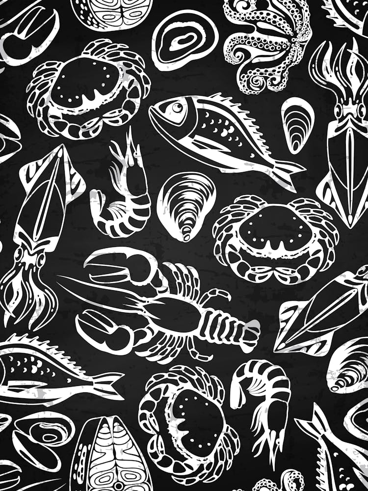 Seamless Pattern Of Seafood Vector - olives poster, kitchen wall art