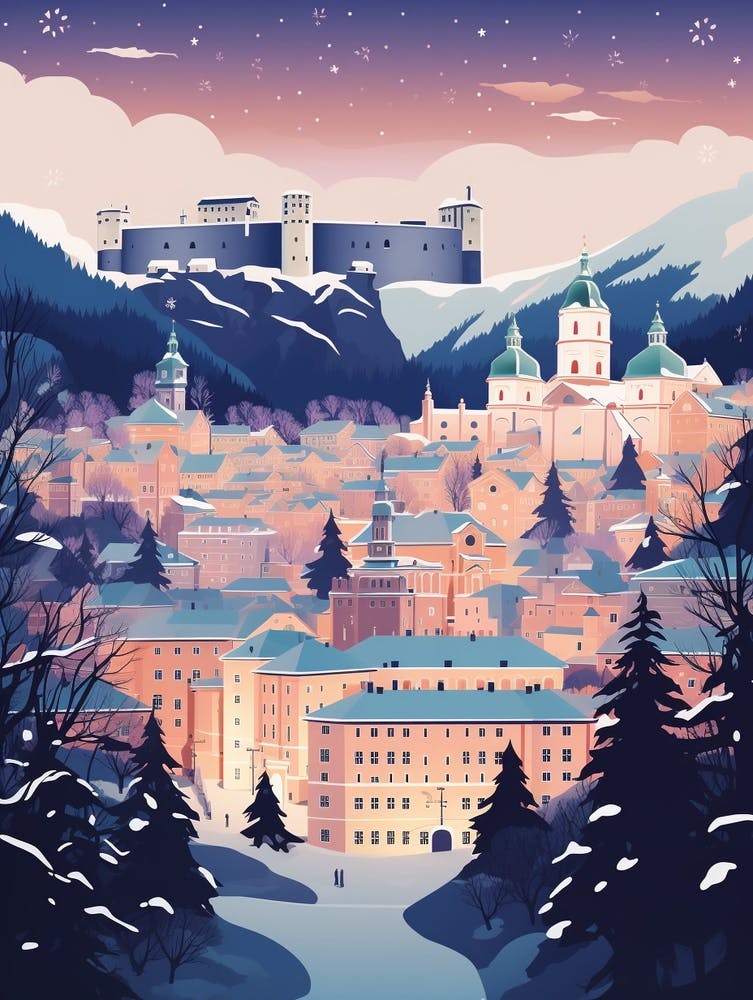 Winter Travel Night Illustration Salzburg Austria 1