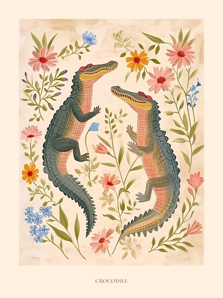 Folksy Floral Animal Drawing Crocodile 2 Poster