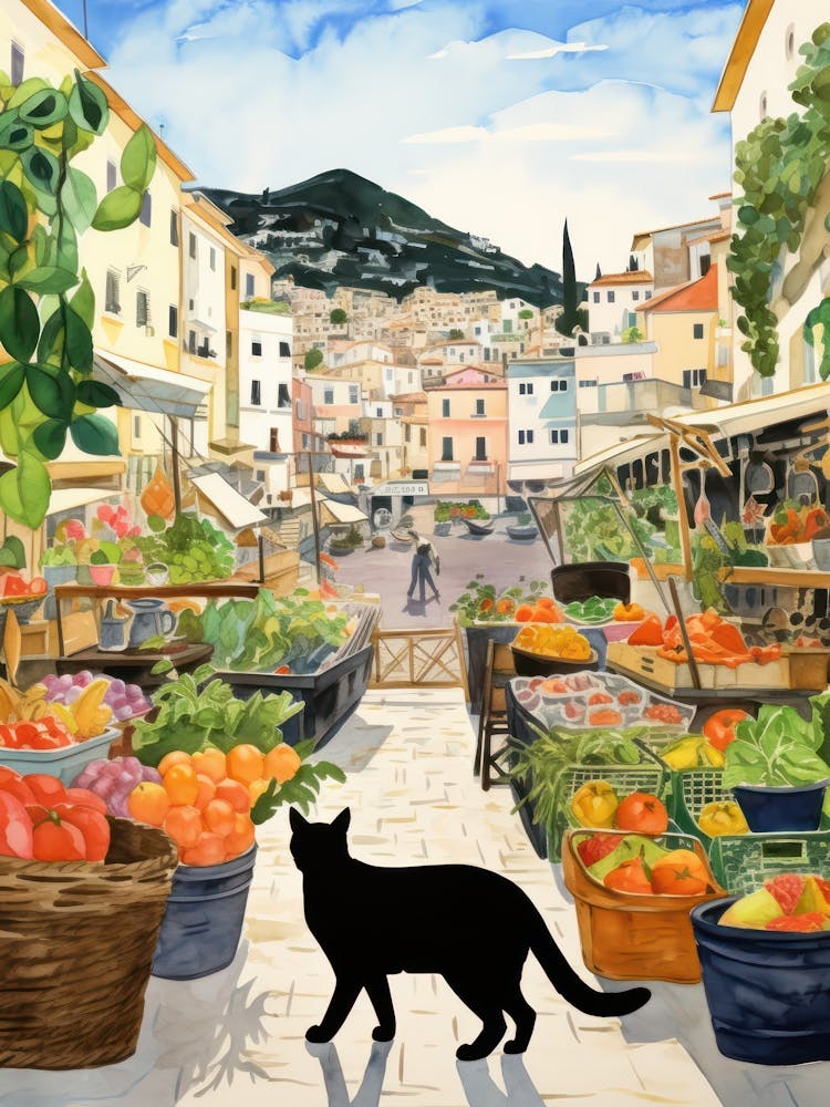 Food Market With Cats In Amalfi 2 Watercolour