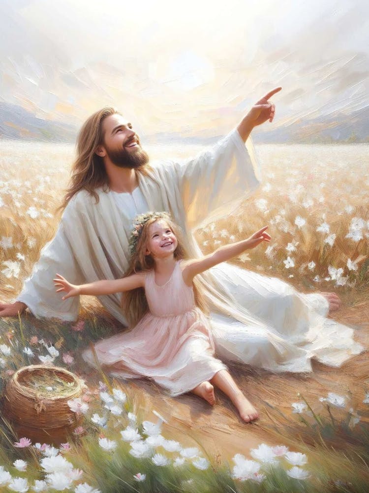 A Beautiful Day, Christian Wall Art, Jesus With Children, Jesus And Girl, Digital Jesus Painting, Lds Art, Bible Sketches, Jesus And Kids