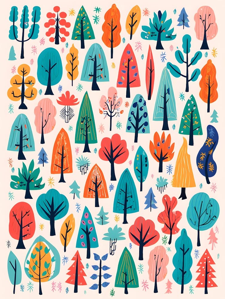 Playful Forest Pattern Print - Colorful Whimsical Tree Art