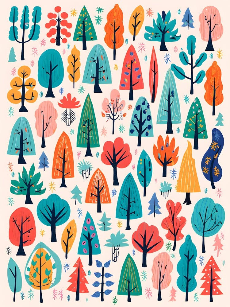 Playful Forest Pattern Print - Colorful Whimsical Tree Art