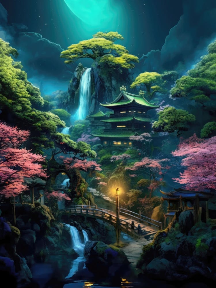 Japanese Cherry Blossom Neon Landscape