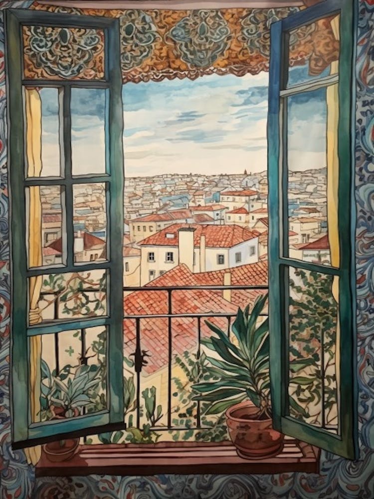 Window View Of Lisbon Portugal In The Style Of William Morris 3