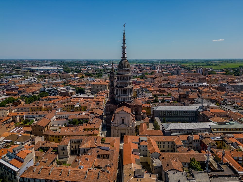 Beautiful church in the center of Novara. Italy. Drone photography