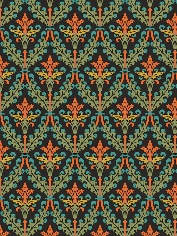 Enhanced Vintage Late Medieval Brocade Pattern Green And Orange On Dark