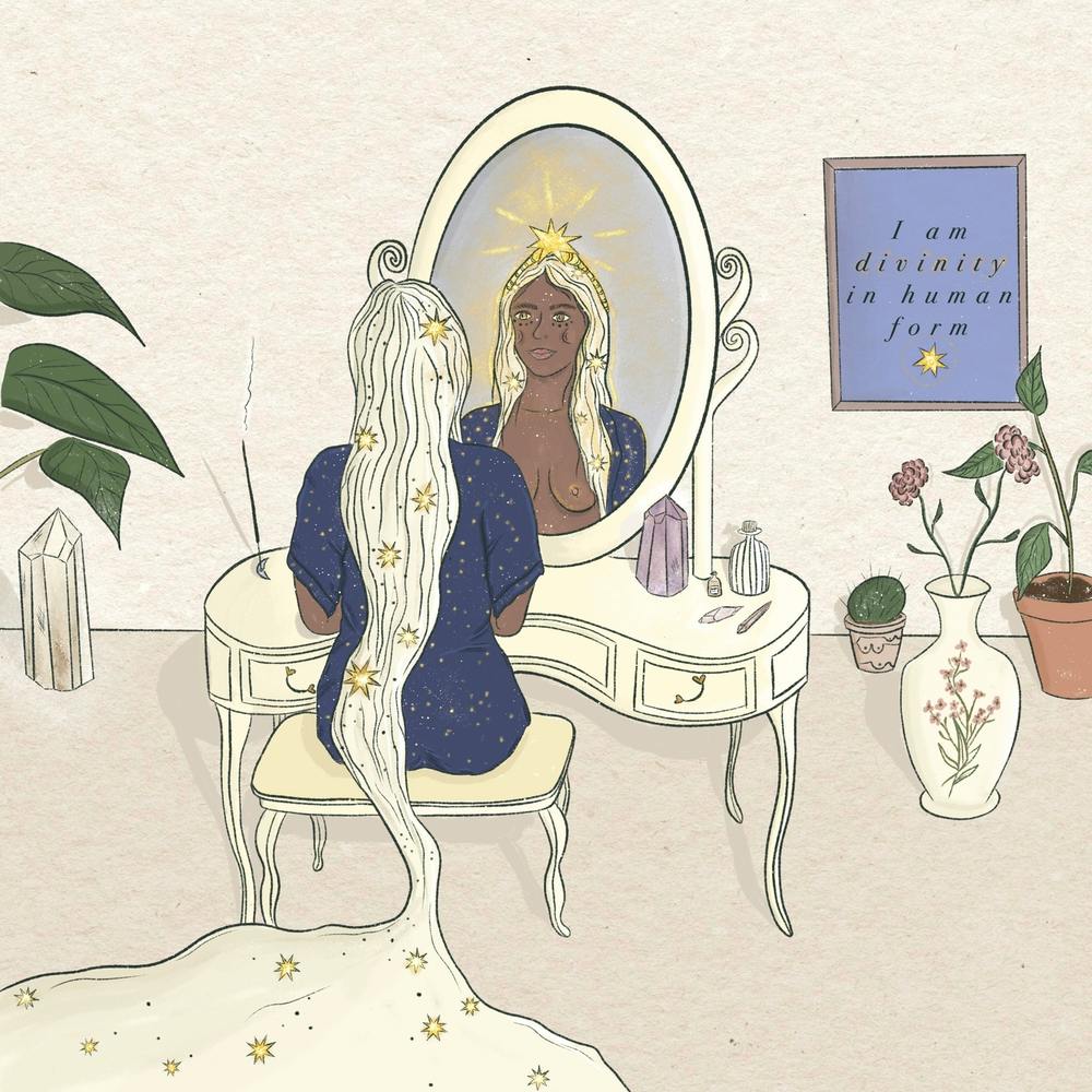 Déesse féminine divine, coiffeuse