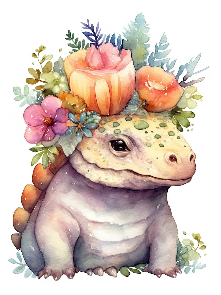 Ankylosaurus With A Crown Of Flowers Cute Dinosaur Watercolour 3