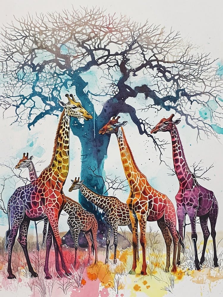 Giraffe Herd Under The Tree Watercolour 1