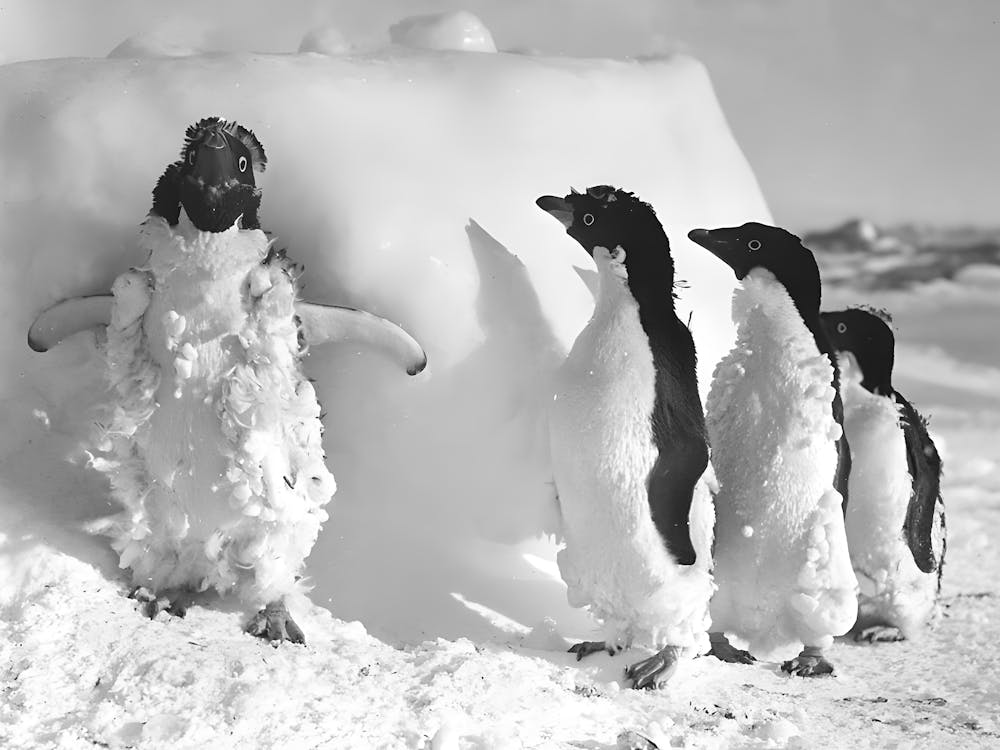 Penguins In Antarctica, Black and White Old Photo, Vintage Animal Art