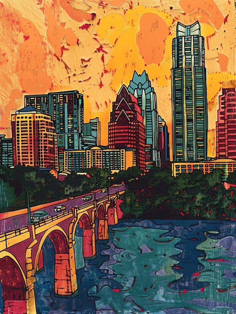 Skyline Austin Texas Colourful Blockprint 2