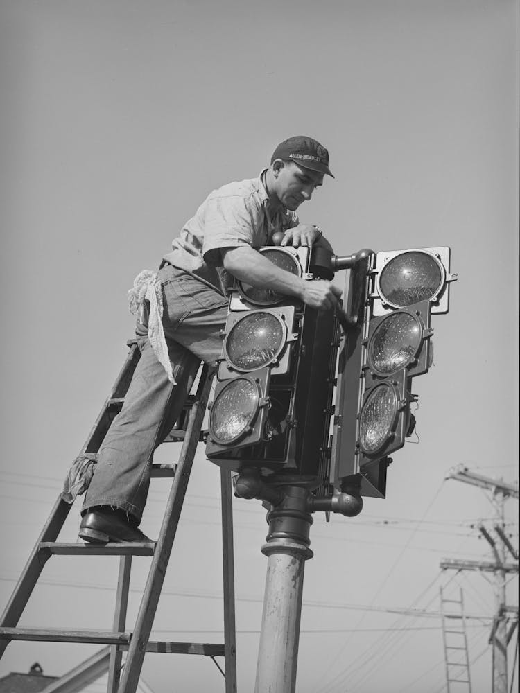Untitled Photo, Possibly Related To Putting Up New Traffic Signal San Diego, California By Russell Lee