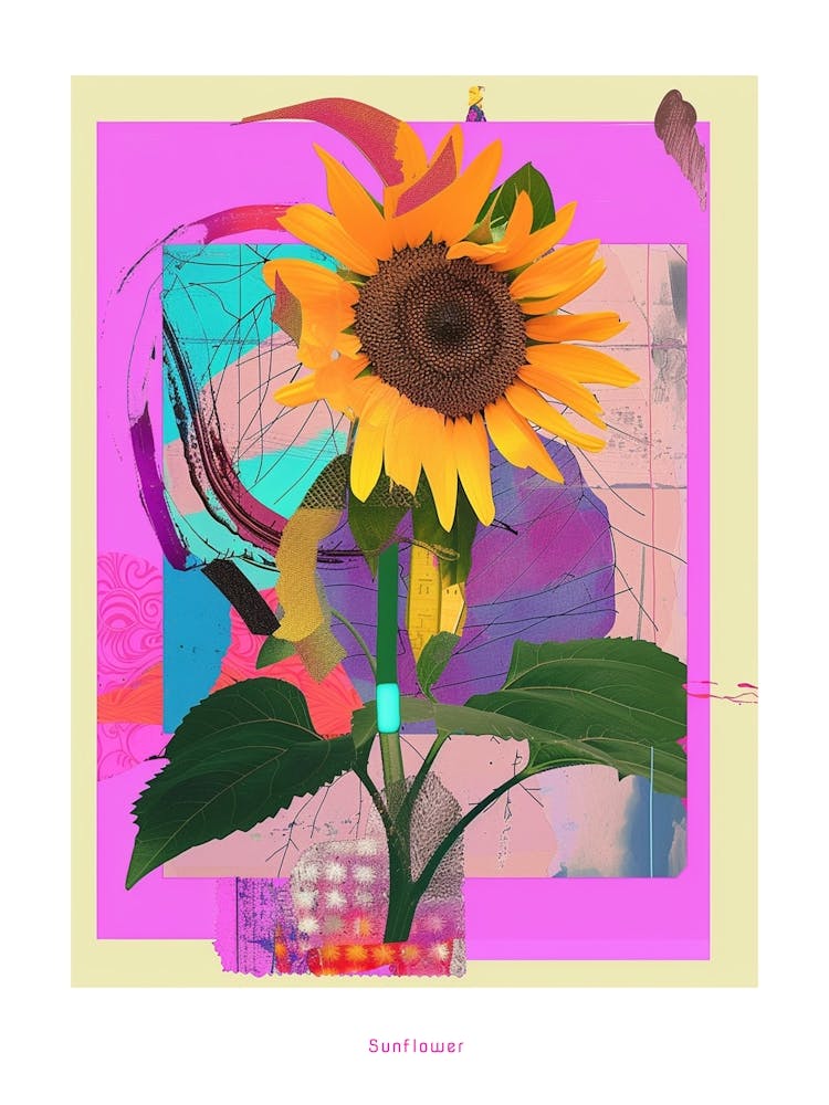 Sunflower 2 Neon Flower Collage Poster