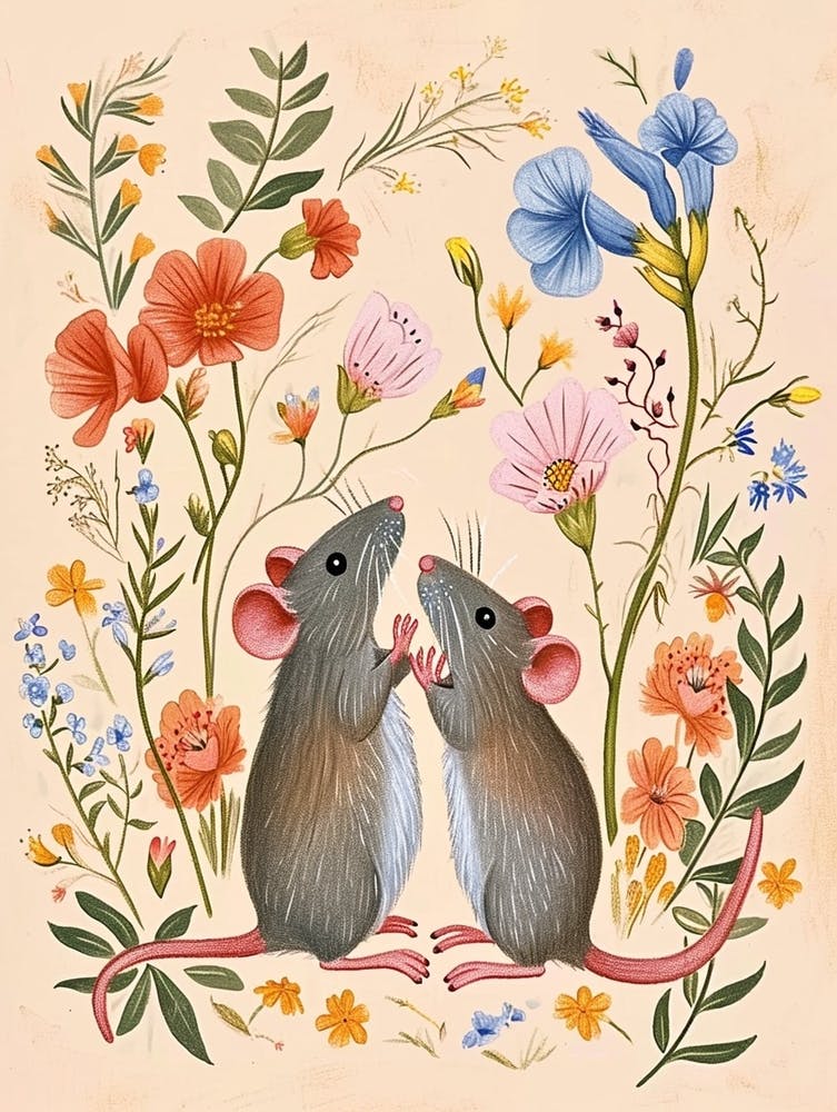 Folksy Floral Animal Drawing Mouse 3