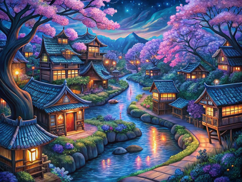 In A Van Gogh Sakura Village At Night Design A