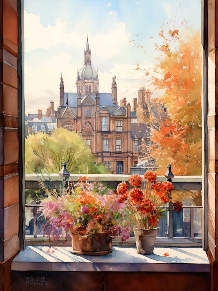 Window View Of Dublin Ireland In Autumn Fall, Watercolour 1