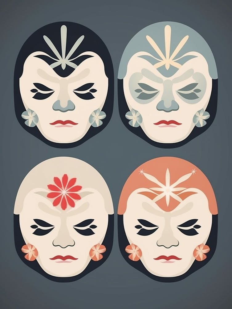 Noh Masks Japanese Style Illustration 22