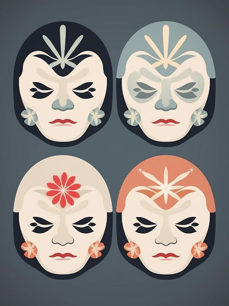 Noh Masks Japanese Style Illustration 22