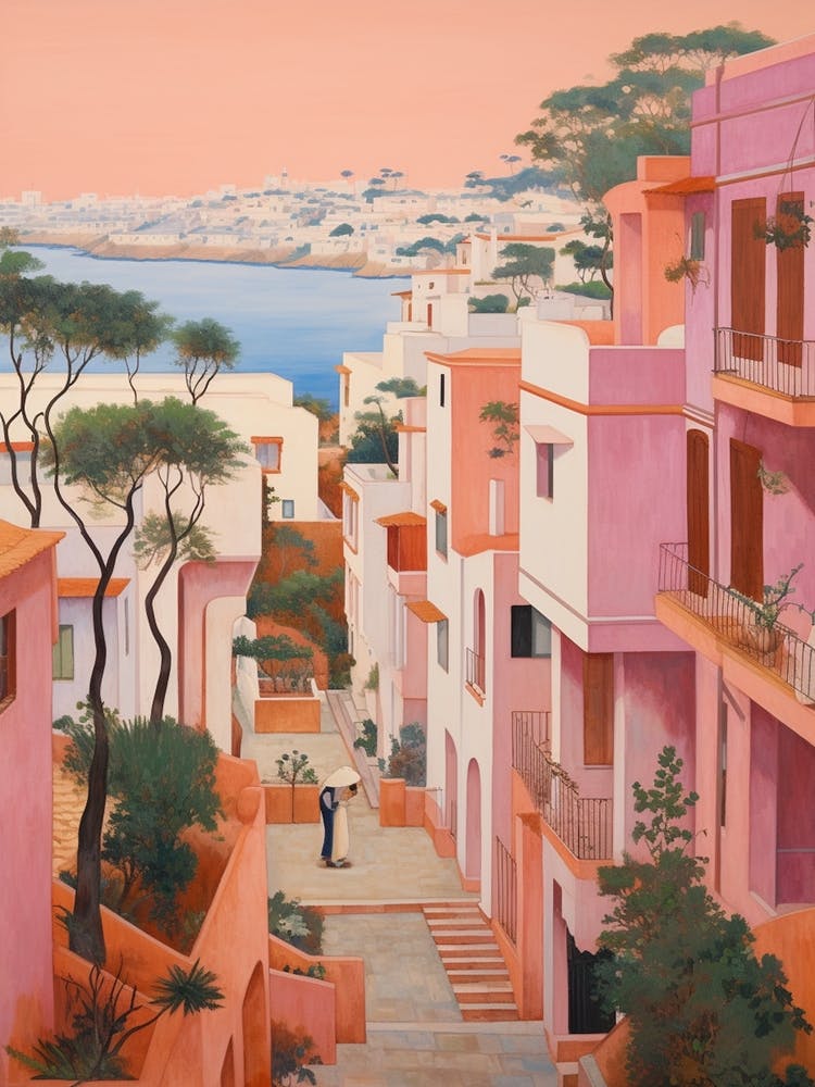 Algarve Portugal 3 Vintage Pink Travel Illustration