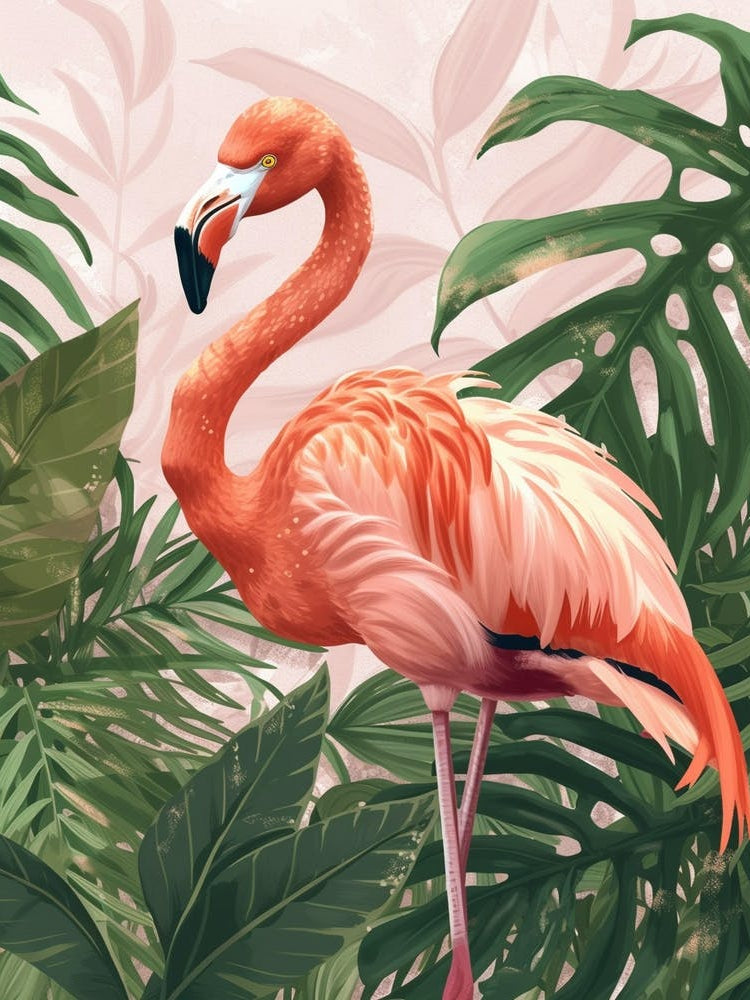 American Flamingo And Philodendrons Minimalist Illustration 2