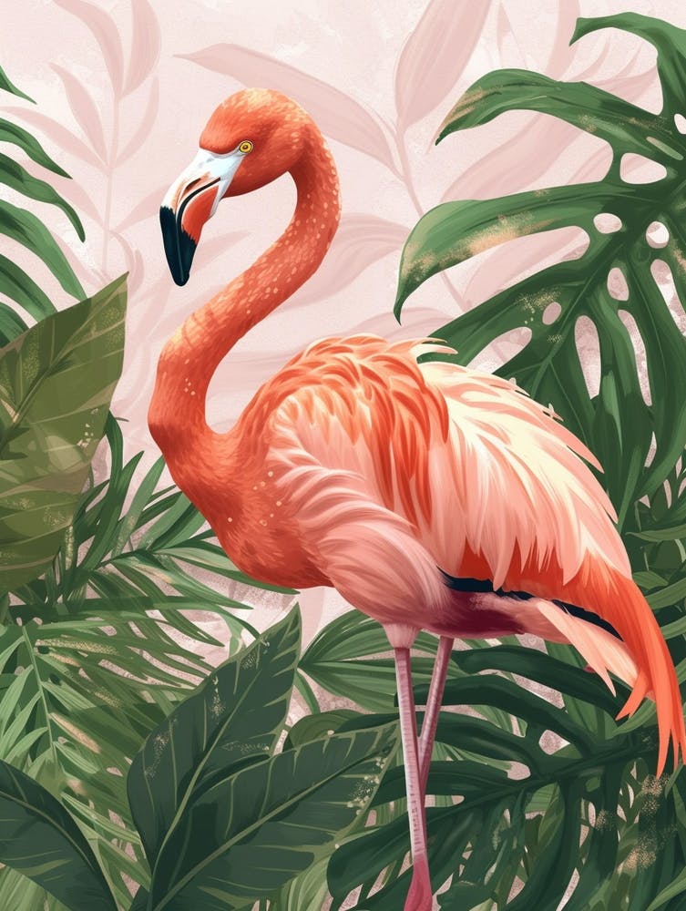 American Flamingo And Philodendrons Minimalist Illustration 2