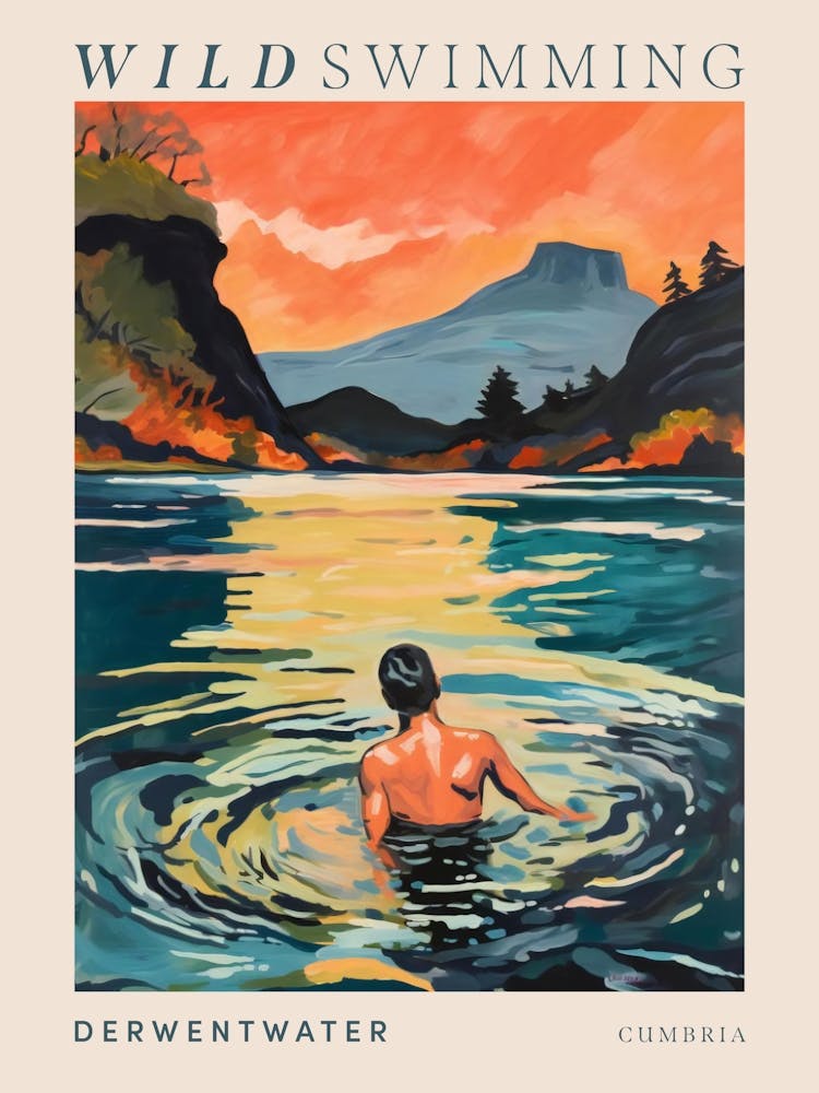 Wild Swimming At Derwentwater Cumbria 2 Poster