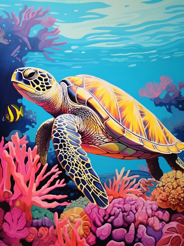 Vivid Pastel Turtle With Aquatic Plants 4