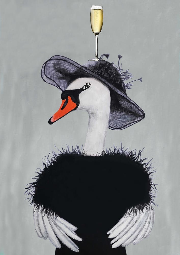 Swan With Champagne Glass Grey & Black