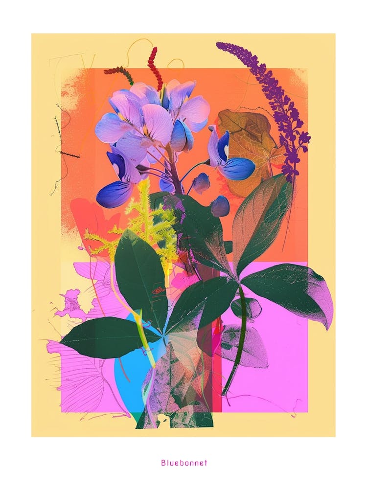 Bluebonnet 8 Neon Flower Collage Poster