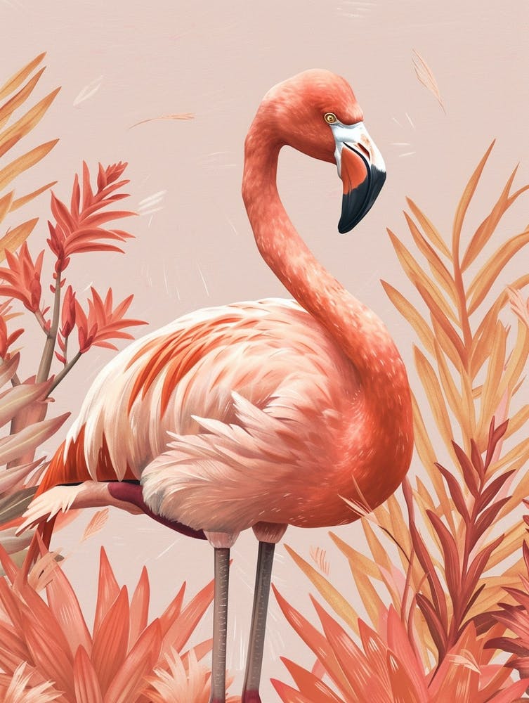 Lesser Flamingo And Bromeliads Minimalist Illustration 2