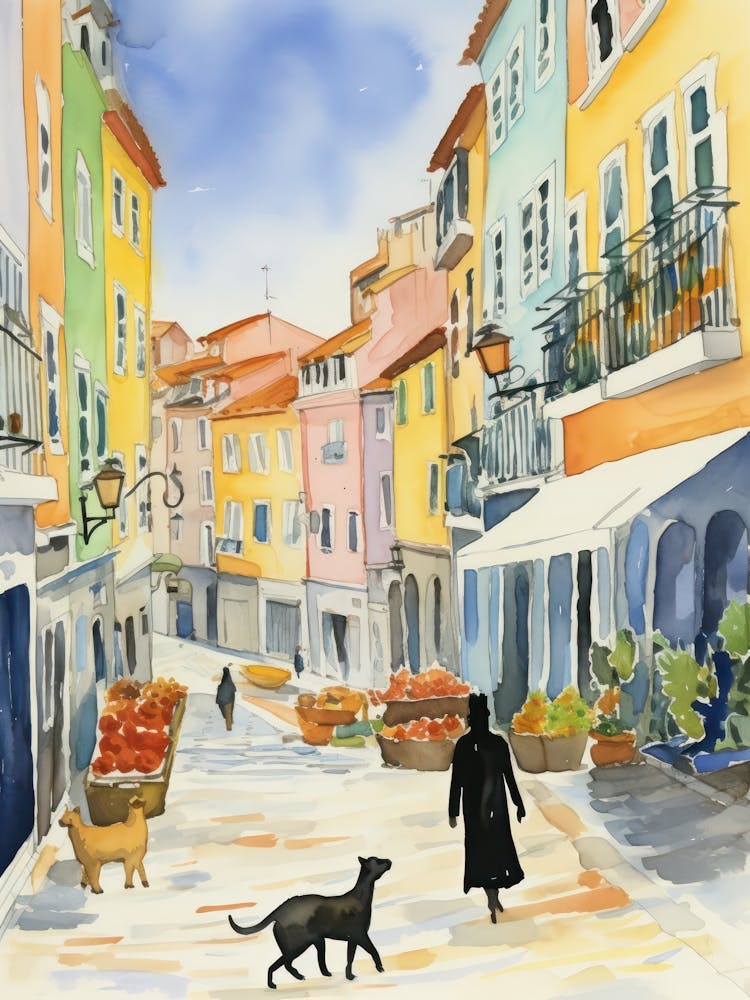 Marché Alimentaire Aux Chats À Lisbonne 2 - Aquarelle